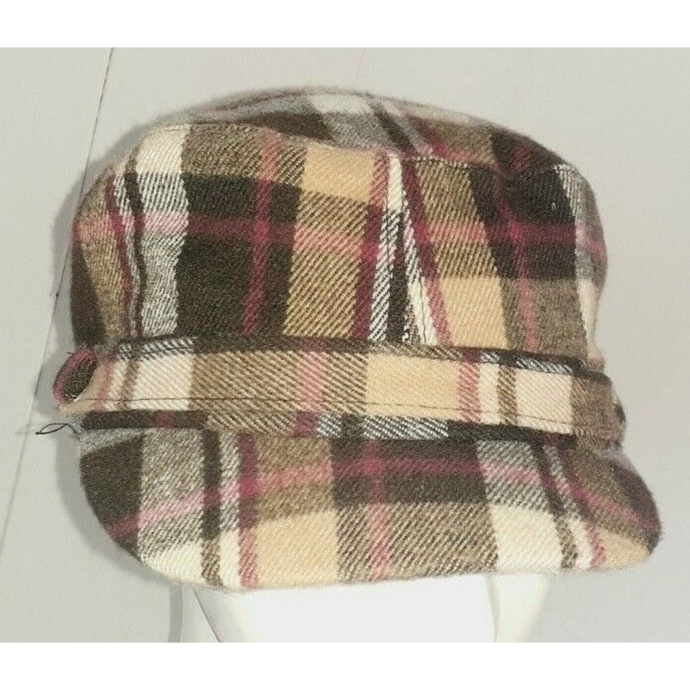MANHATTAN HAT COMPANY Women's Brown Red & Tan Plaid Cadet Hat ~ OSFM Stretch Fit